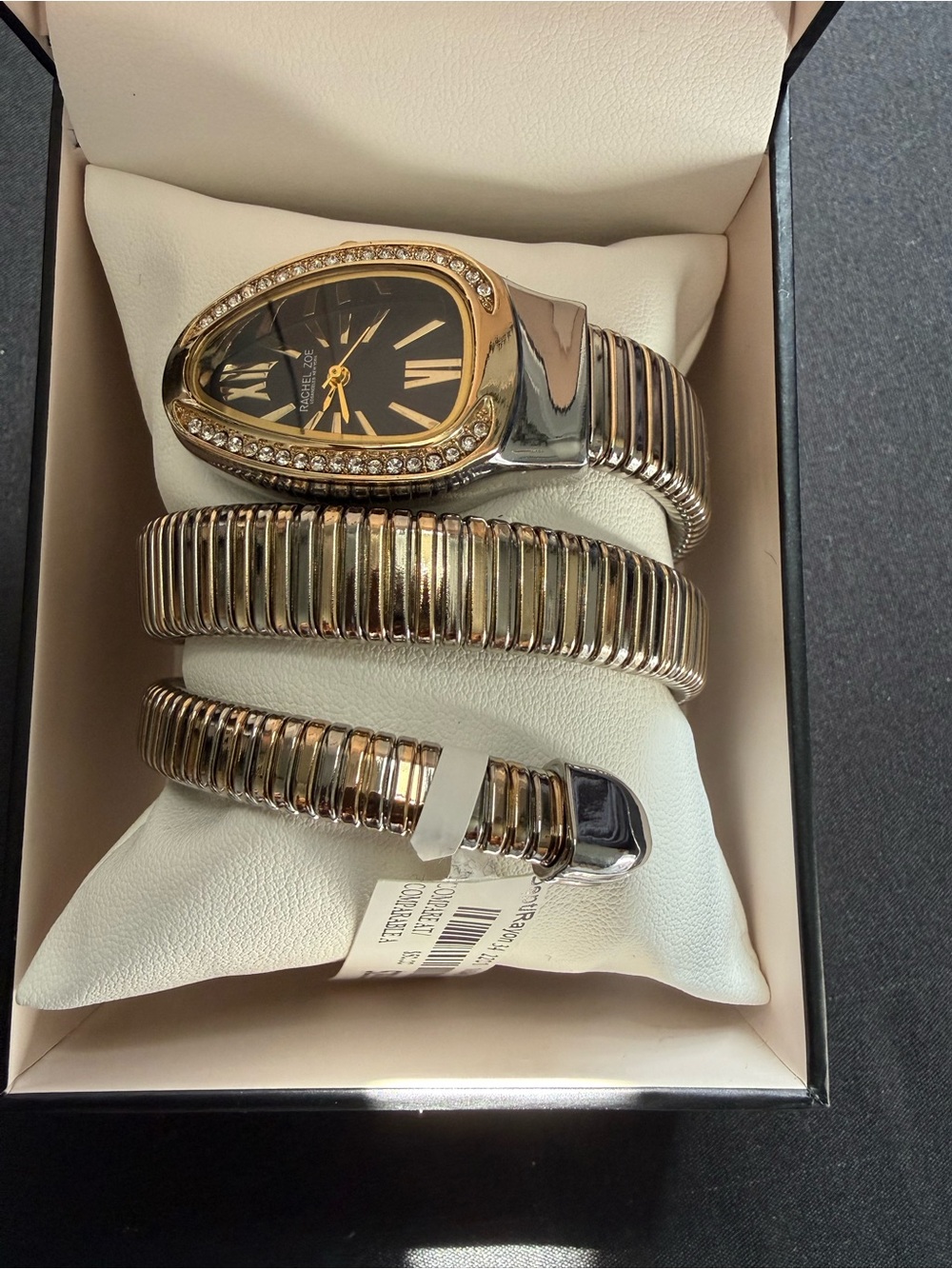 Rachel Zoe Gold-Tone Serpentine Coil Watch with Black Dial and Crystal Accents